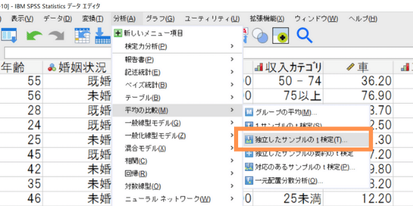 SPSSによるt検定の実行 ― ［独立したサンプルのt検定］を選択するメニュー操作画面