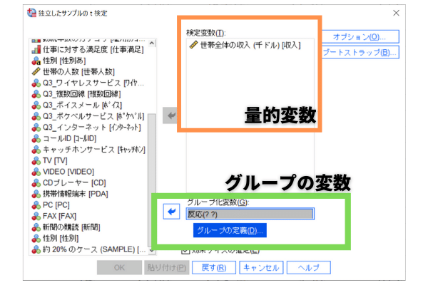 SPSSによるt検定の設定-1 ― 検定変数とグループ化変数を設定する画面