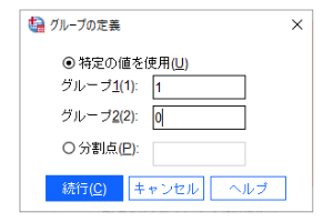 SPSSによるt検定の設定-2 ― 「グループの定義」ダイアログでグループの値を指定する画面